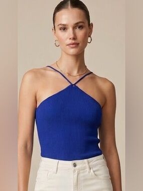 MANGO Ribbed Cobalt Blue Halter Tank Top: Size Small